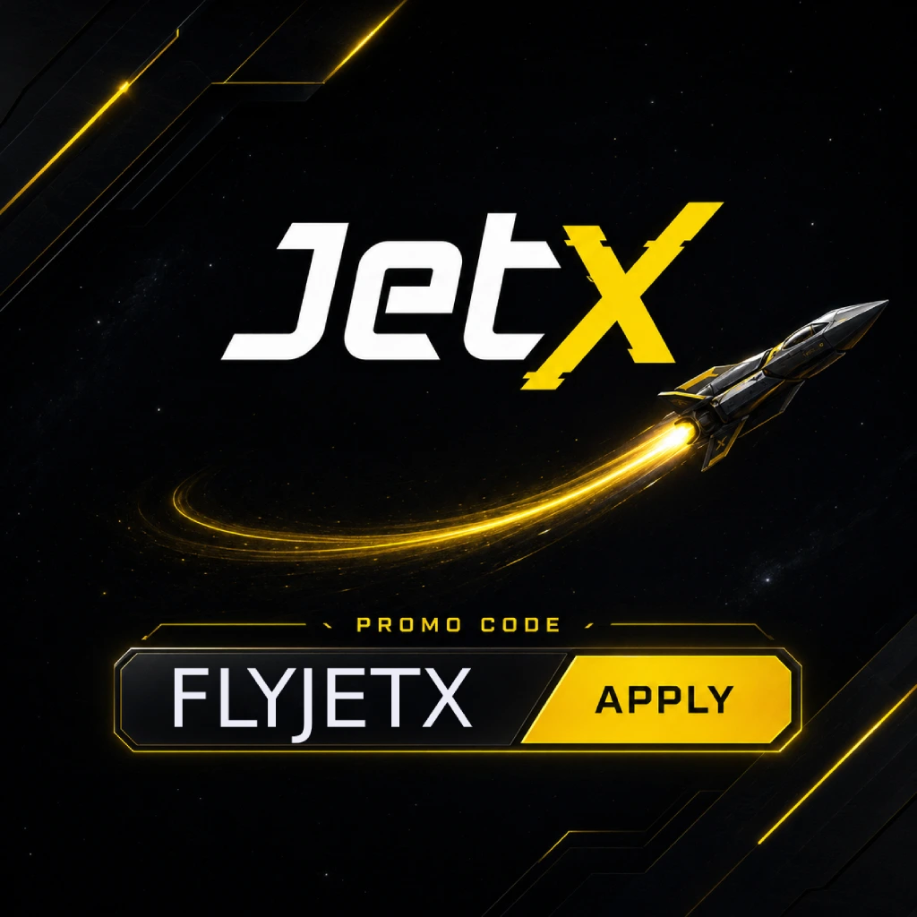 JetX promo code image featuring FLYJETX code input field, yellow arrow button, and futuristic black and yellow jet background.