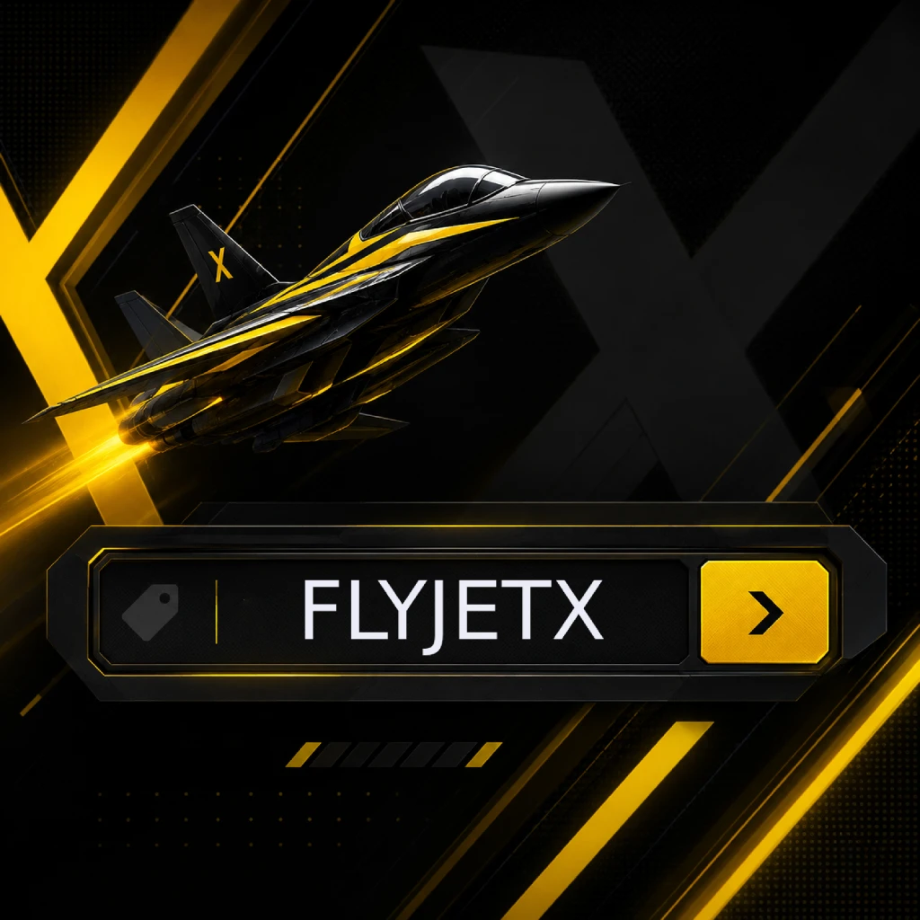 JetX promo code banner with FLYJETX bonus code, Apply button, glowing yellow jet trail, and dark futuristic gaming design.