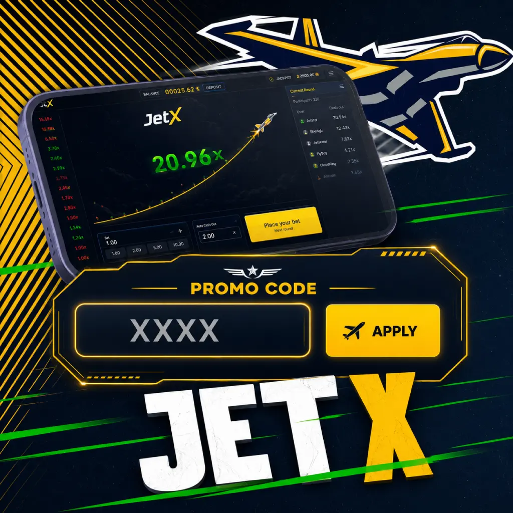 JetX promo code banner with bonus code input field, Apply button, mobile game screen, and futuristic yellow jet design.